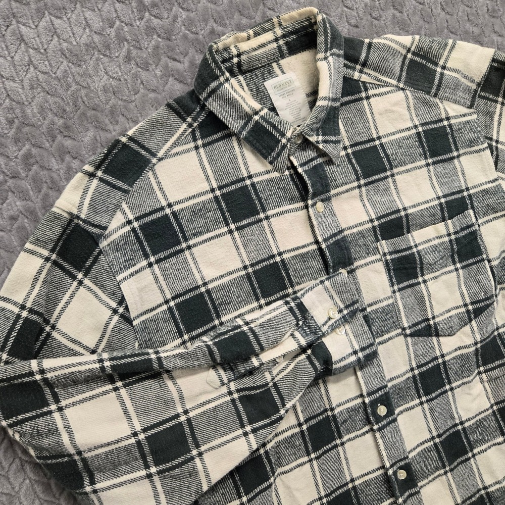 Old Navy Mens Flannel Shirt Button Up Long Sleeve Plaid Green Beige Large